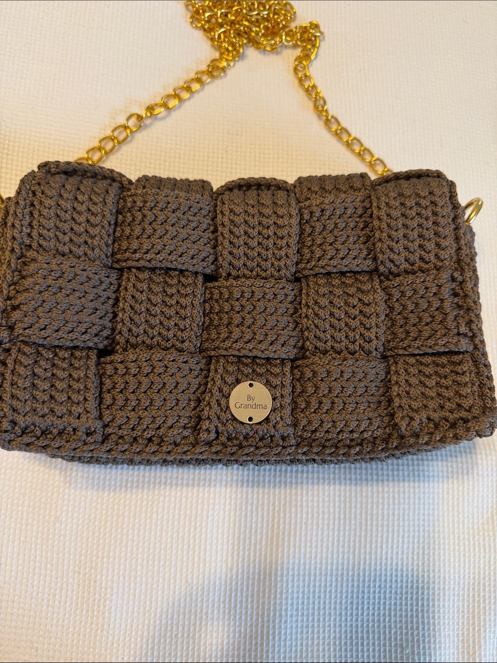 Handmade Woven Crochet Crossbody Bag - Brown and Golden Chain - Picture 5 of 15
